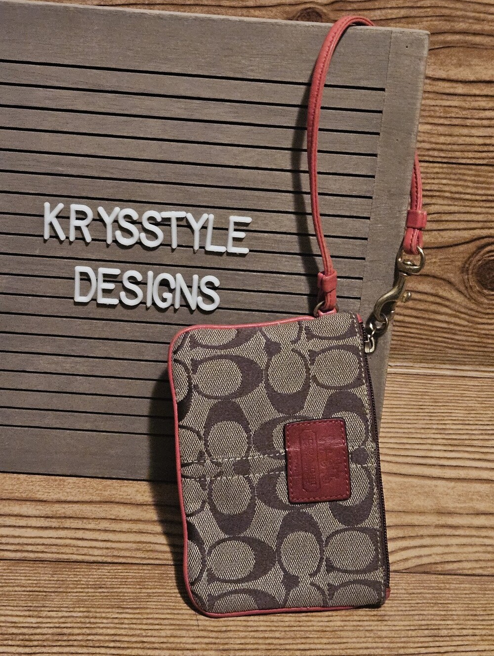 Coach Tan and Brown Signature Wristlet With Leather Trim